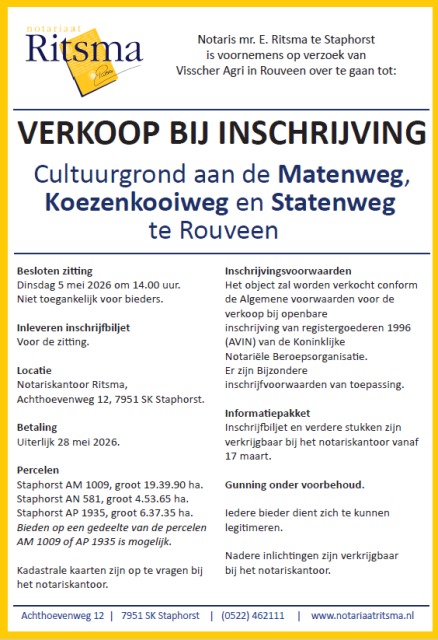 Verkoop bij inschrijving landbouwgrond Rouveen